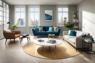 Fototapeta premium Living room interior with comfortable sofa and stylish rug, above view. Modern living room
