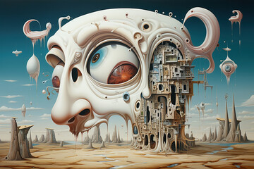 Madness illustration surrealism postmodernism art. Big scary male bald head in the desert - obrazy, fototapety, plakaty