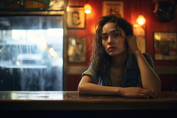 Lonely shaggy drunk woman alcoholic sitting at bar counter indoors, copy space. Female alcoholism