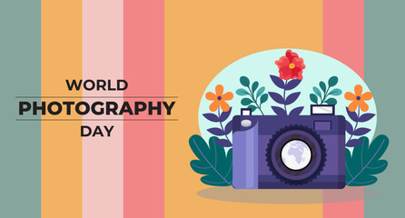 World Photography Day poster  with camera lens world map and film roll.. Planning summer vacations. Holiday, journey. Tourism and vacation theme. Poster. Flat design vector illustration