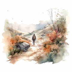 watercolor of a person hiking in a pristine natural landscape