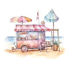 watercolor of a beach scene with an ice cream cart