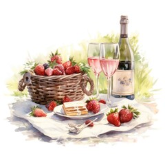 watercolor of A romantic picnic for two with champagne strawberries and chocolates