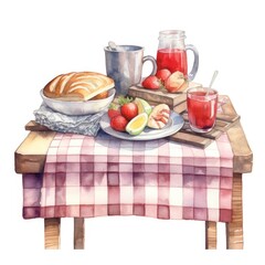 watercolor of A red and white checkered tablecloth on a wooden picnic table