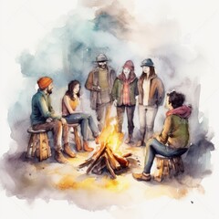 watercolor people gathered around a bonfire