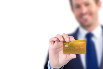 Digital png photo of caucasian businessman with credit card on transparent background