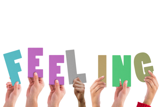 Digital png illustration of hands with feeling text on transparent background