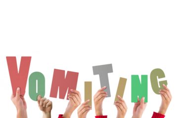 Digital png illustration of hands with vomiting text on transparent background