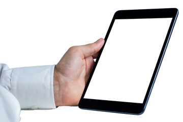 Digital png photo of hand with tablet on transparent background
