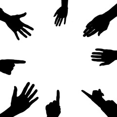 Digital png illustration of silhouette of hands of group of people on transparent background