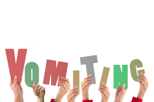 Digital png illustration of hands with vomiting text on transparent background - Powered by Adobe