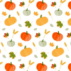 Autumn seamless pattern with yellow and orange pumpkins, maple leaves and ears of wheat and rye on a white background. Bright vector illustration for thanksgiving and harvest festival. Halloween print