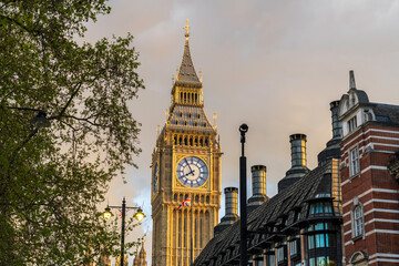 Fototapeta na wymiar Elizabeth Tower with Big Ben, the Great Bell of the Great Clock, at the Palace of Westminster in London. Big Ben is a nickname for the Great Bell but is often used for the clock and the clock tower. 