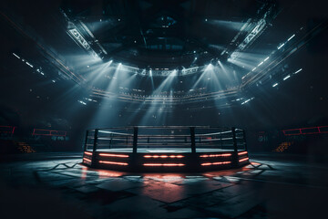An unoccupied boxing arena for competitive events. A stadium featuring a mesh floor and powerful spotlights, intended for MMA matches. Generative AI