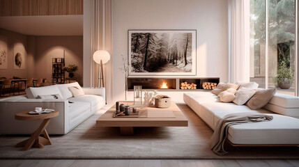 モノクロ写真のアートが印象的なリラックスできるインテリアの日当たりが良いリビング