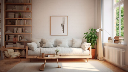 Obraz premium 白を基調としたリラックスできるインテリアの日当たりが良いリビング