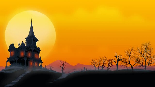 Animation loop of Haunted house on a hill from which bats fly out with an orange sky in halloween colors and a yellow moon.Ominous red lights appear in the house.