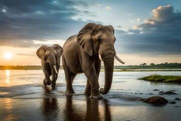 Fototapeta na wymiar Majestic Elephants Bathing in the River