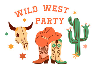 Horizontal banner template for wild west party invitation decorated by boots, hat, cactus, skull.