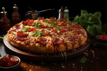 Obraz na płótnie Canvas Pizza with mozzarella, tomatoes, and basil on a wooden board