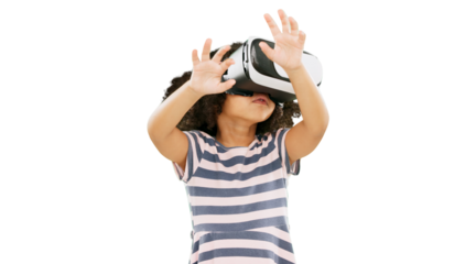 Girl, kid and metaverse with virtual reality experience and future technology isolated on png transparent background. Gaming, streaming and digital world, young female child with UX and VR headset