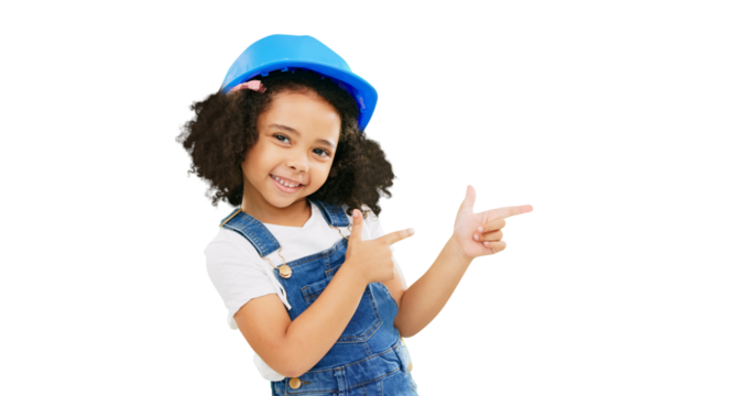 Children, construction and portrait of little girl pointing isolated on a transparent PNG background. Happy child, kid or architect with safety helmet smile in building, advertising or marketing