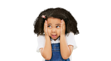 Fear, worried and mistake of little girl with hands on face isolated on a transparent PNG background. Nervous, anxious or scared kid or child in panic, stress or looking afraid with facial expression