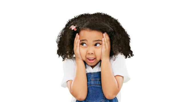 Fear, worried and mistake of little girl with hands on face isolated on a transparent PNG background. Nervous, anxious or scared kid or child in panic, stress or looking afraid with facial expression