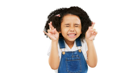 Little girl, fingers crossed and wish praying for good luck or hope isolated on a transparent PNG...