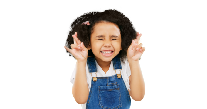 Little girl, fingers crossed and wish praying for good luck or hope isolated on a transparent PNG background. Excited child or kid with emoji and closed eyes in youth for positive miracle or prize