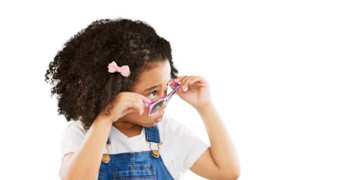 Sunglasses, fashion and girl looking with attitude on isolated, png and transparent background. Emoji, adorable and cute child with trendy clothes, style and accessories for funny, comic and humor