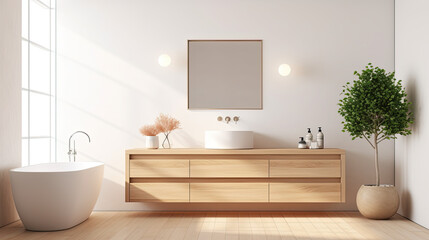 Fototapeta na wymiar Bright bathroom interior with wooden vanity, parquet floor. 3d rendering, Generative Ai