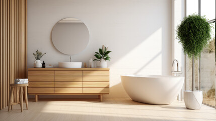 Naklejka na ściany i meble Bright bathroom interior with wooden vanity, parquet floor. 3d rendering, Generative Ai