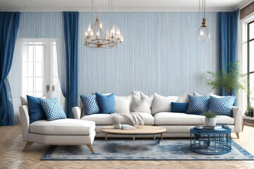 Interior design, living room decor and house improvement, furniture, sofa, home decor, white and blue textiles, country cottage lounge style 3d rendering