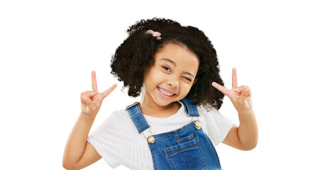Little girl, portrait smile and peace sign with wink in casual fashion posing isolated on a...