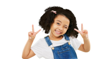 Little girl, portrait smile and peace sign with wink in casual fashion posing isolated on a transparent PNG background. Happy young kid or child with emoji, v hand gesture or symbol in happiness