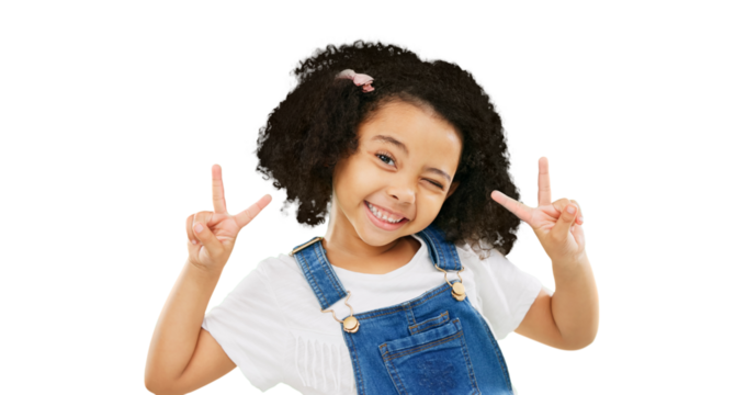 Little girl, portrait smile and peace sign with wink in casual fashion posing isolated on a transparent PNG background. Happy young kid or child with emoji, v hand gesture or symbol in happiness