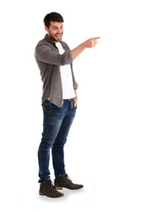 Naklejka premium Man, smile and hand pointing to promotion, announcement or deal on isolated, transparent and png background. Feedback, news and male model show review, discount or coming soon competition prize info