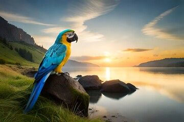 blue and yellow macaw in sunset