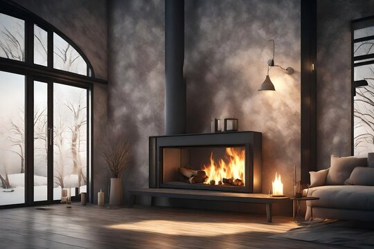fireplace in winter time 3d rendering