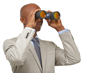 Business, black man and binocular, future and vision isolated on a transparent png background....