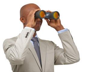 Business, black man and binocular, future and vision isolated on a transparent png background. Telescope, professional lens and person search, watch and spy, survey or monitor in perspective insight