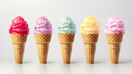 Set of various ice cream scoops in waffle cones. Generative Ai