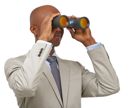 Business, black man and binocular, future and vision isolated on a transparent png background. Telescope, professional lens and person search, watch and spy, survey or monitor in perspective insight - Powered by Adobe