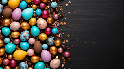 Top down view of an Easter border frame of robin's eggs and chocolate eggs with copy space in the middle. Generative Ai