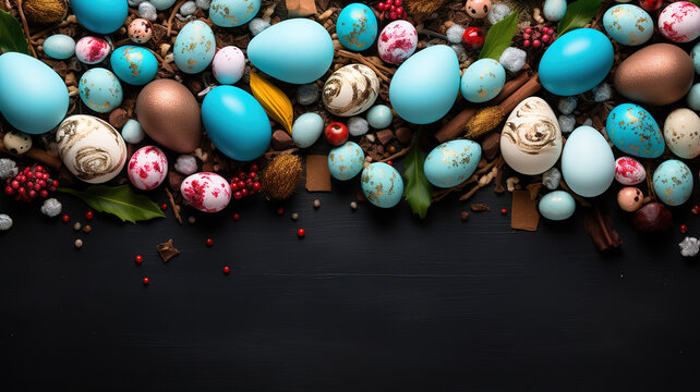 Top down view of an Easter border frame of robin's eggs and chocolate eggs with copy space in the middle. Generative Ai
