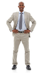 Professional, happy and portrait of business black man with hands on hips on png and transparent background. Corporate worker, confident and isolated male person in suit for career, job and work