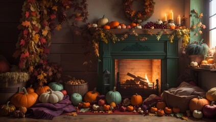 Obraz premium Warm Autumn Glow: Fireplace Scenery, Abundance, Cozy Fall, Harvest Wallpaper, Autumn Background, Greeting Card, Thanksgiving Day