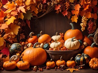 Naklejka na ściany i meble Nature's Bounty: Pumpkin and Cornucopia Autumn Poster 
