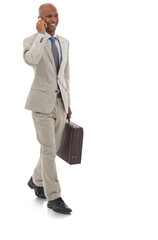 Business man, briefcase and walking with phone call for communication, feedback and negotiation isolated on transparent png background. African salesman, corporate and mobile contact for conversation